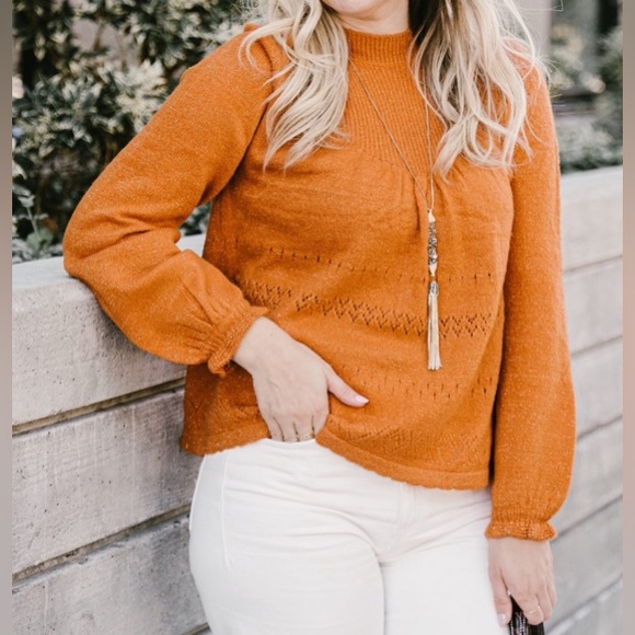 Lauren Conrad orange sweater balloon ruffle sleeve open knit pattern - Picture 2 of 10